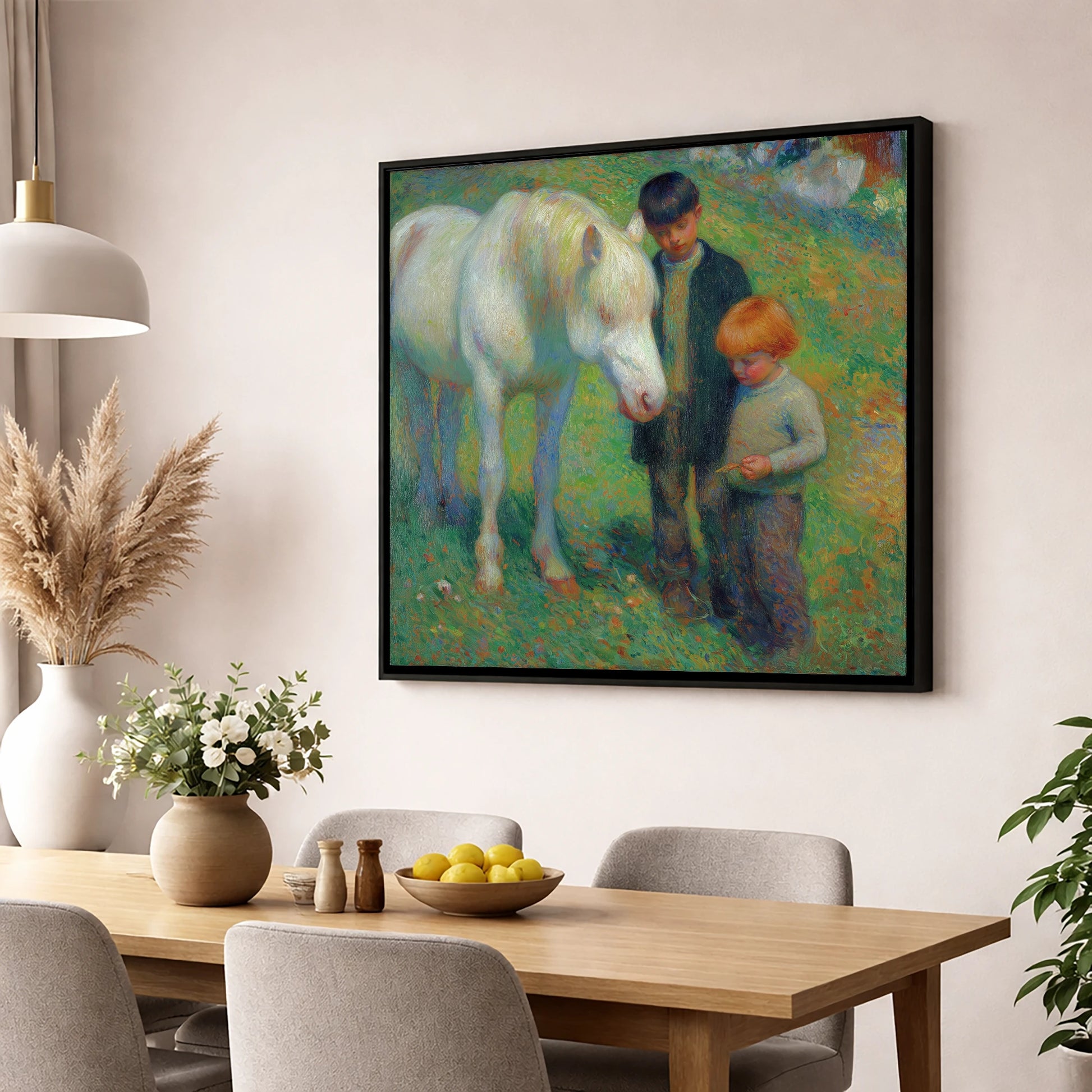 The Gentle Grey horse & rider wall art displayed in a dining room