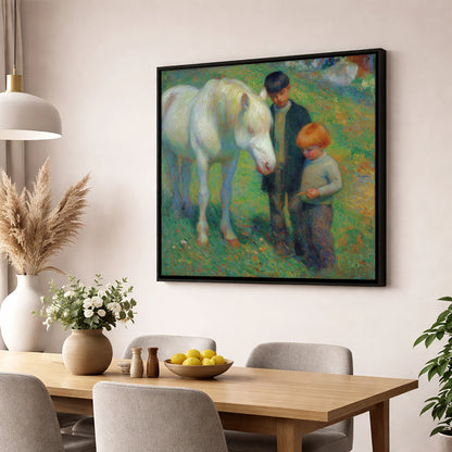 The Gentle Grey horse & rider wall art displayed in a dining room