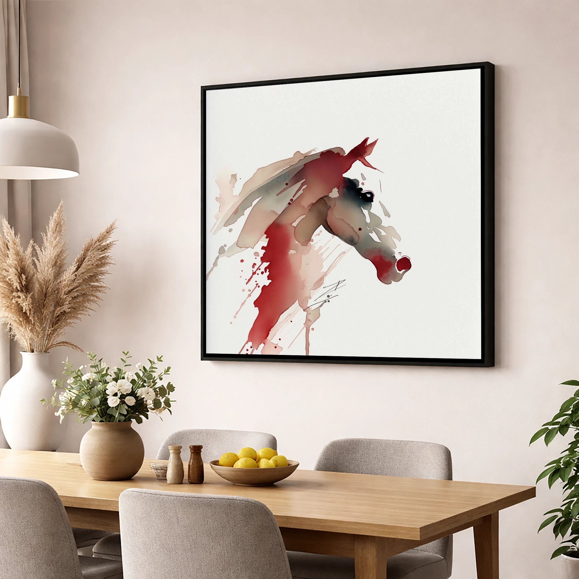 Crimson Momentum racing horse wall art displayed in a dining room