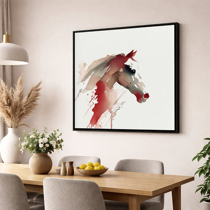 Crimson Momentum racing horse wall art displayed in a dining room