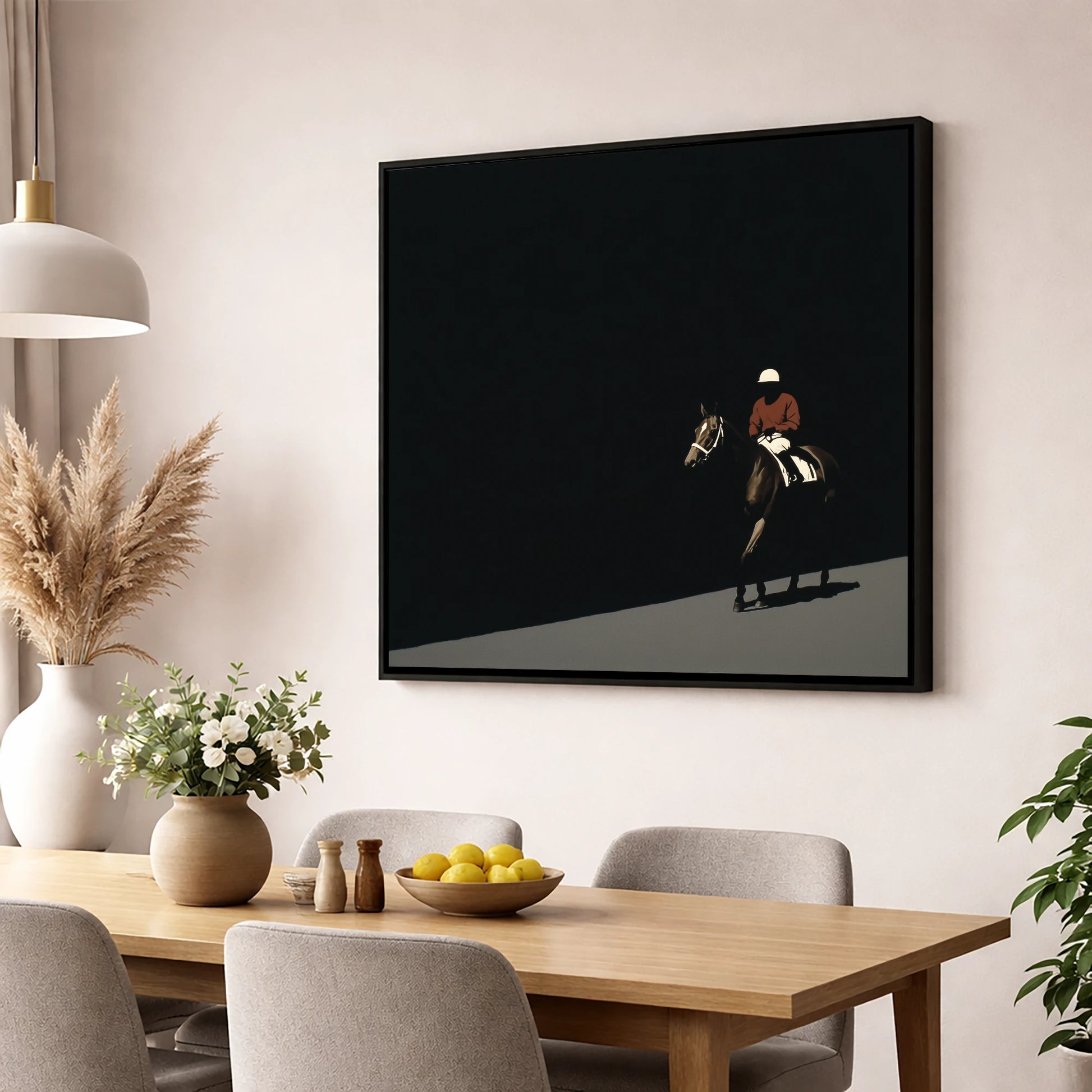 Before the Start racing horse wall art displayed in a dining room