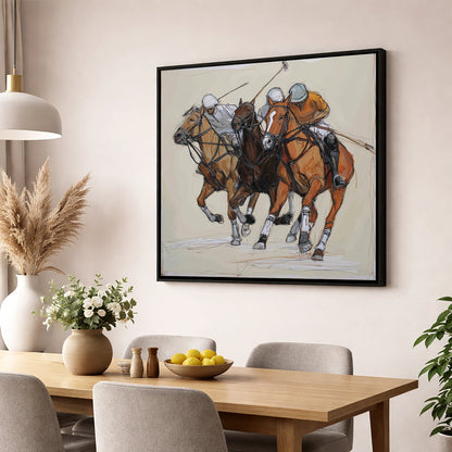 The Midfield Charge polo horse wall art displayed in a dining room