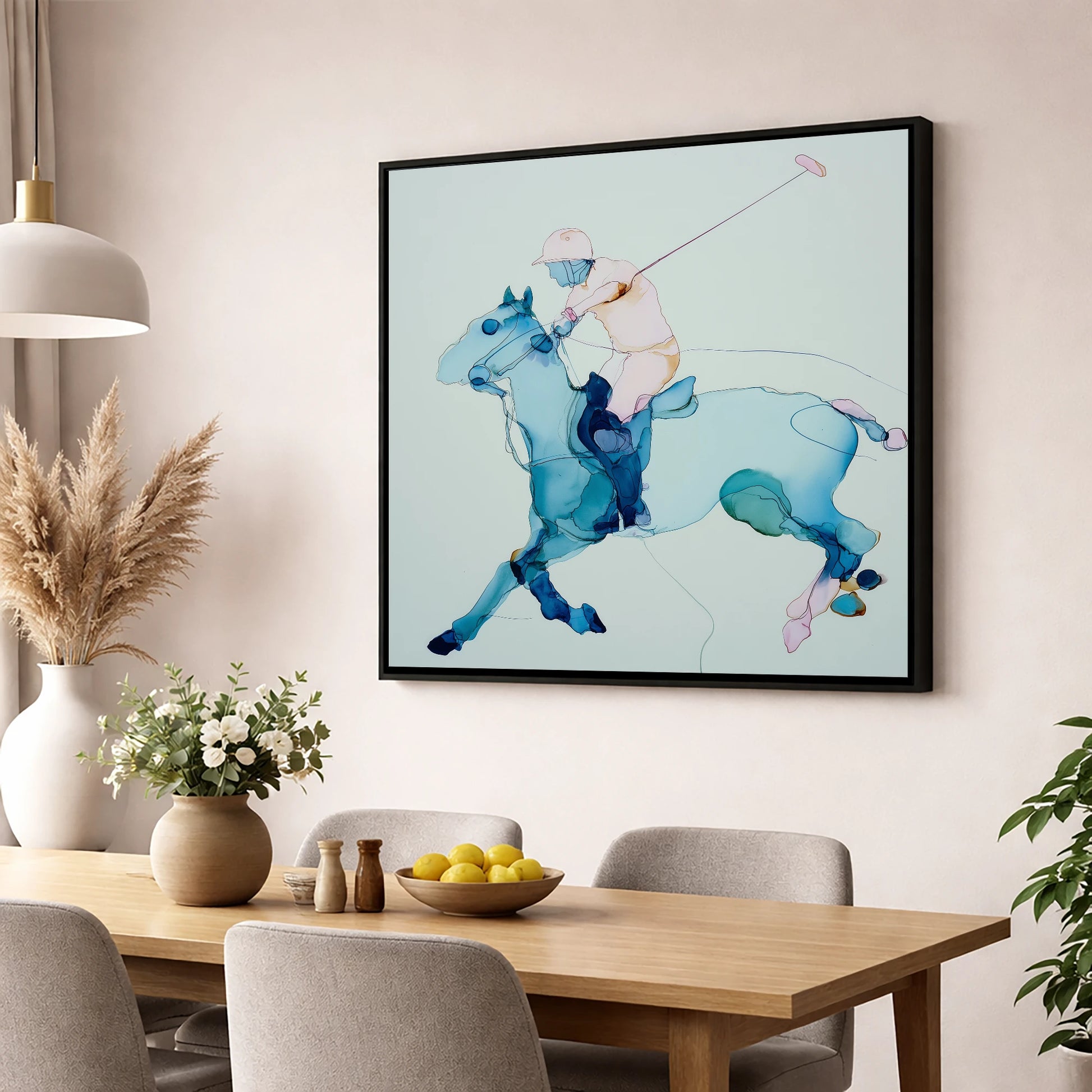 Fluid Polo Strike polo horse wall art displayed in a dining room