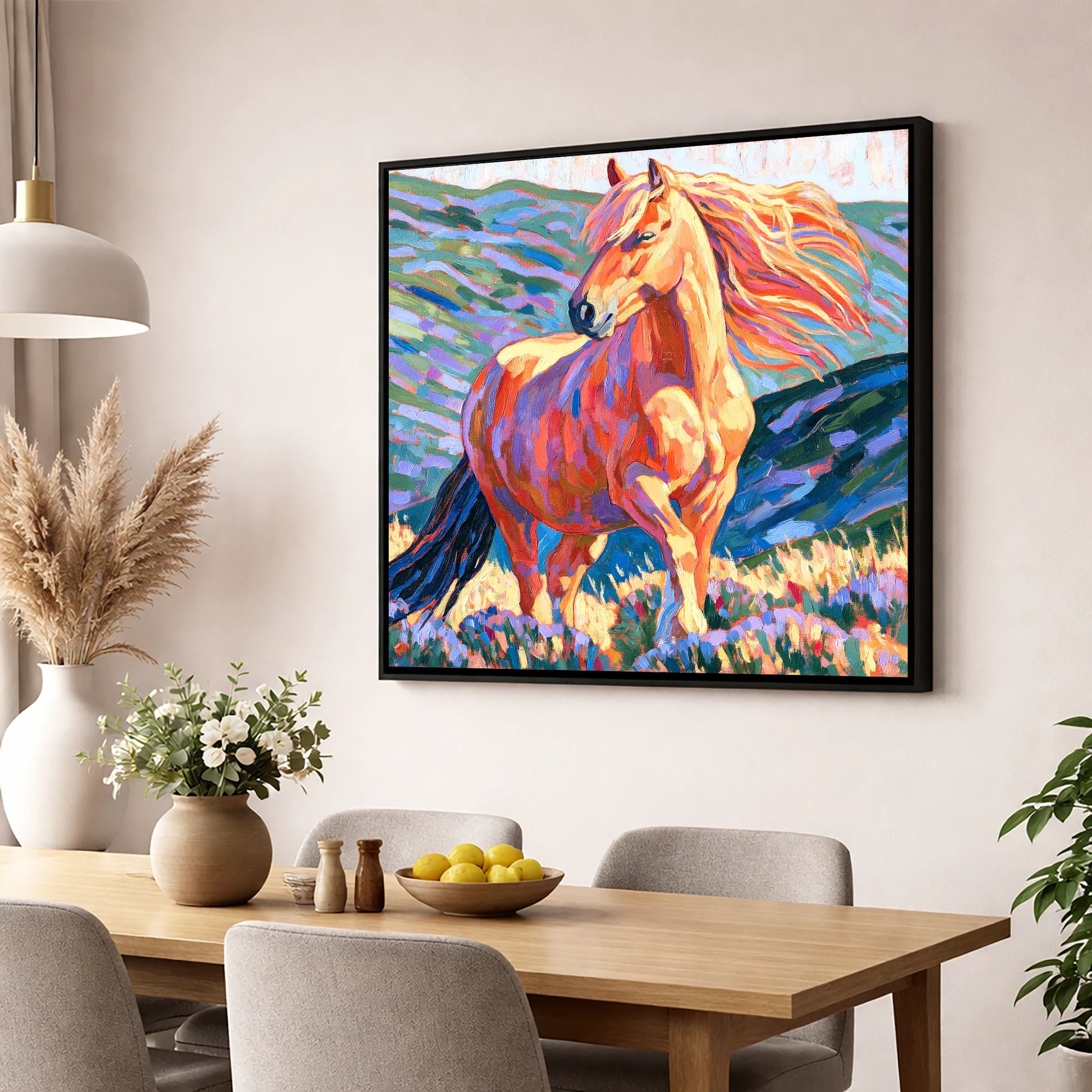 Colourful Golden Horse Portrait horse breed wall art displayed in a dining room