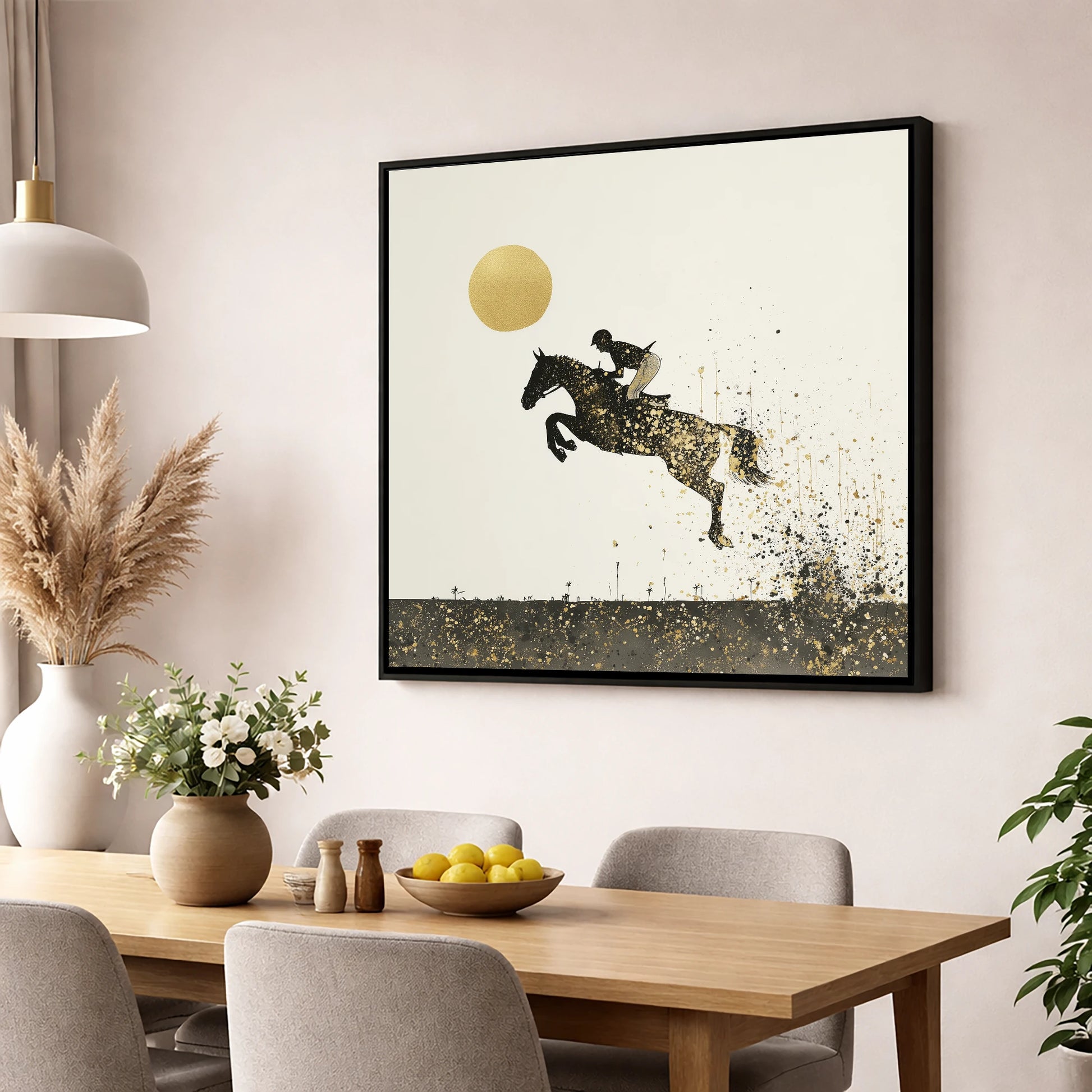 Golden Flight show jumping horse wall art displayed in a dining room