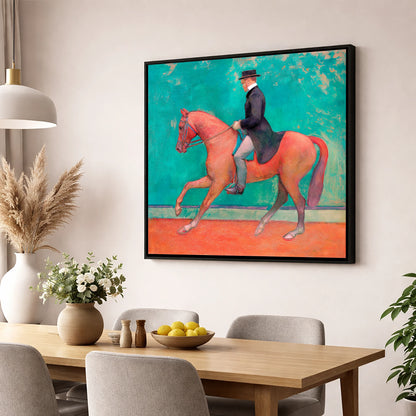 The Emerald Passage dressage horse wall art displayed in a dining room