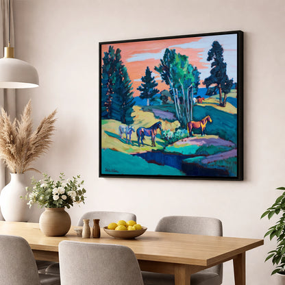 Vibrant Summer Pastures horse landscape wall art displayed in a dining room