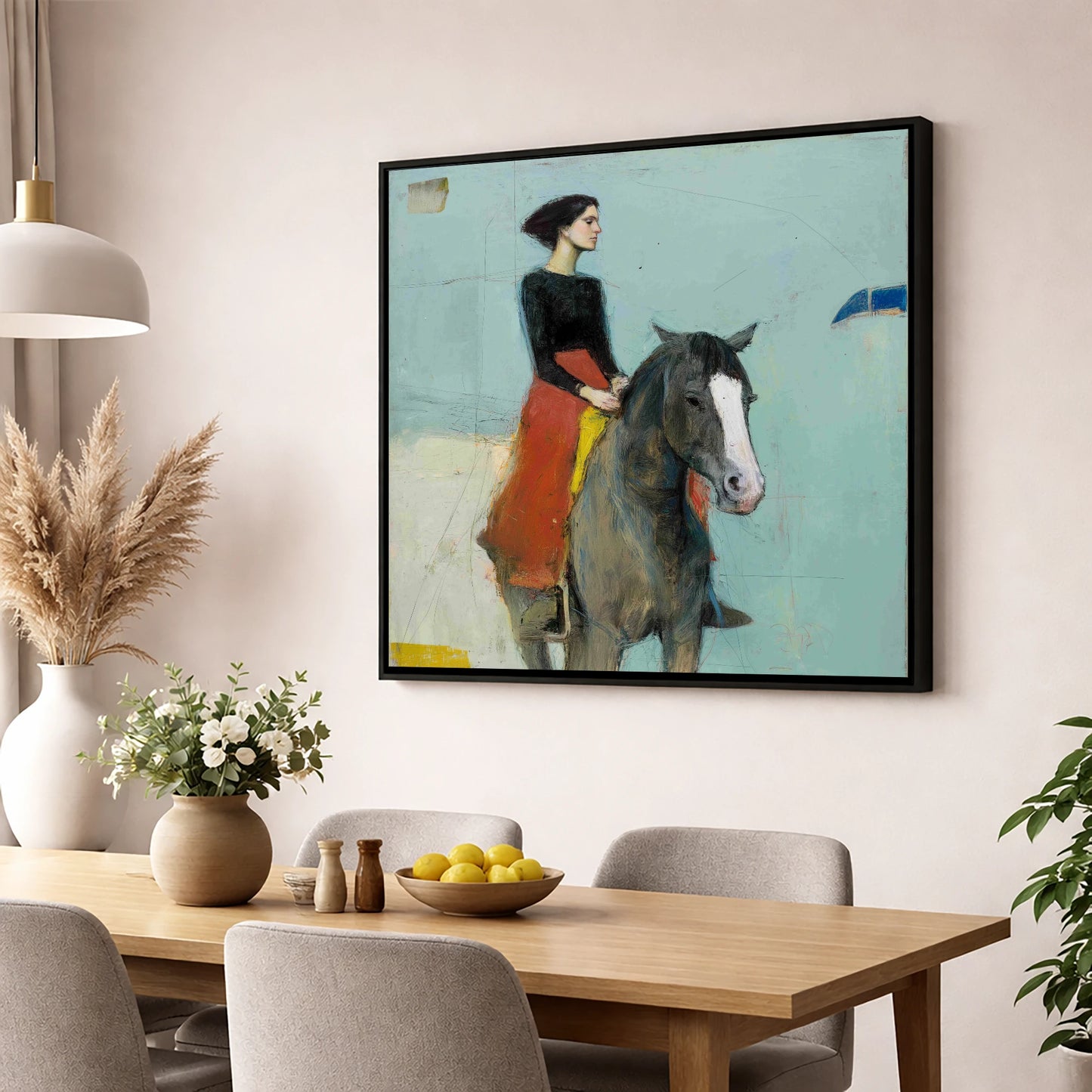 Poised in Profile horse & rider wall art displayed in a dining room