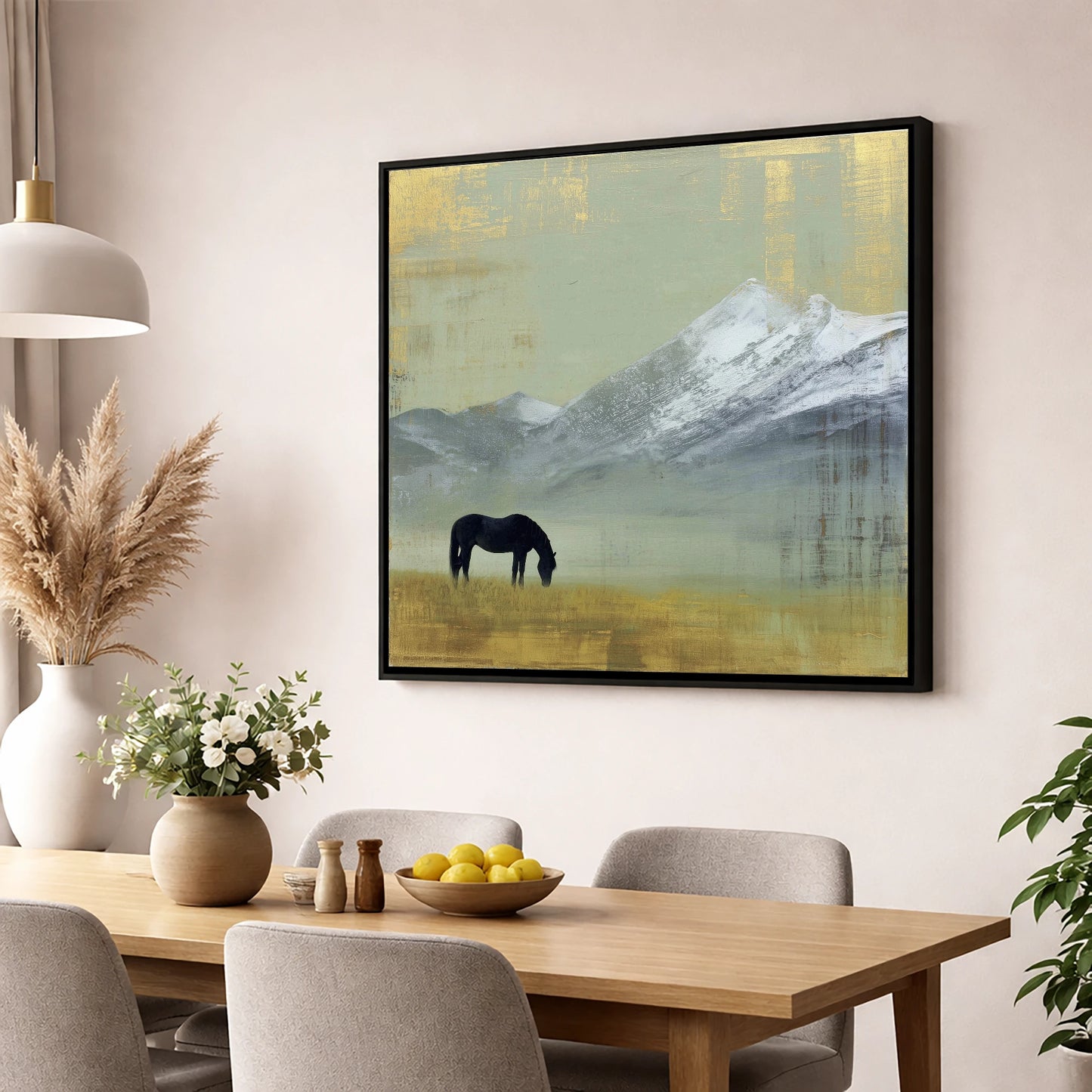 Gilded Mountain Solitude horse landscape wall art displayed in a dining room