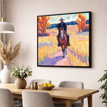 Vibrant Western Trail western horse wall art displayed in a dining room