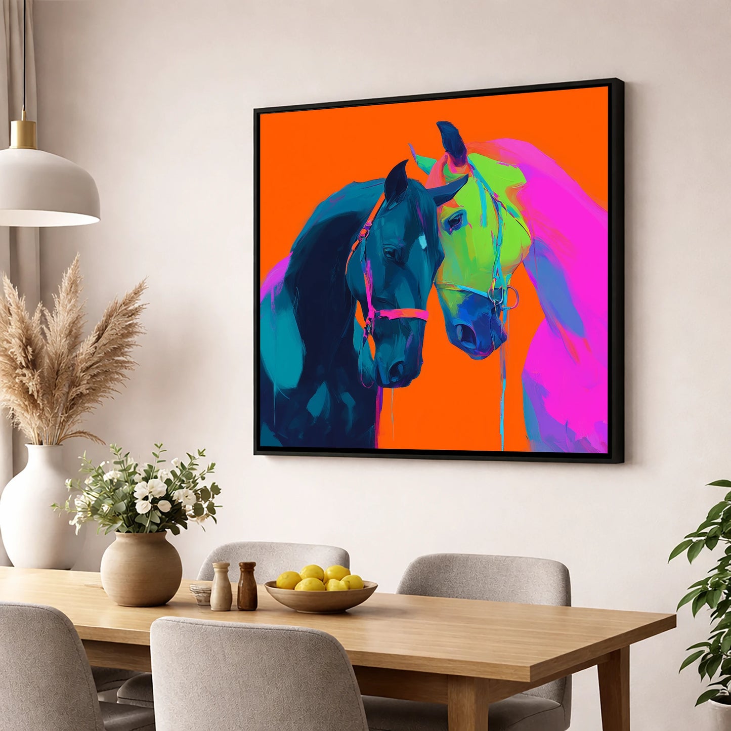 Electric Companions horse portrait wall art displayed in a dining room