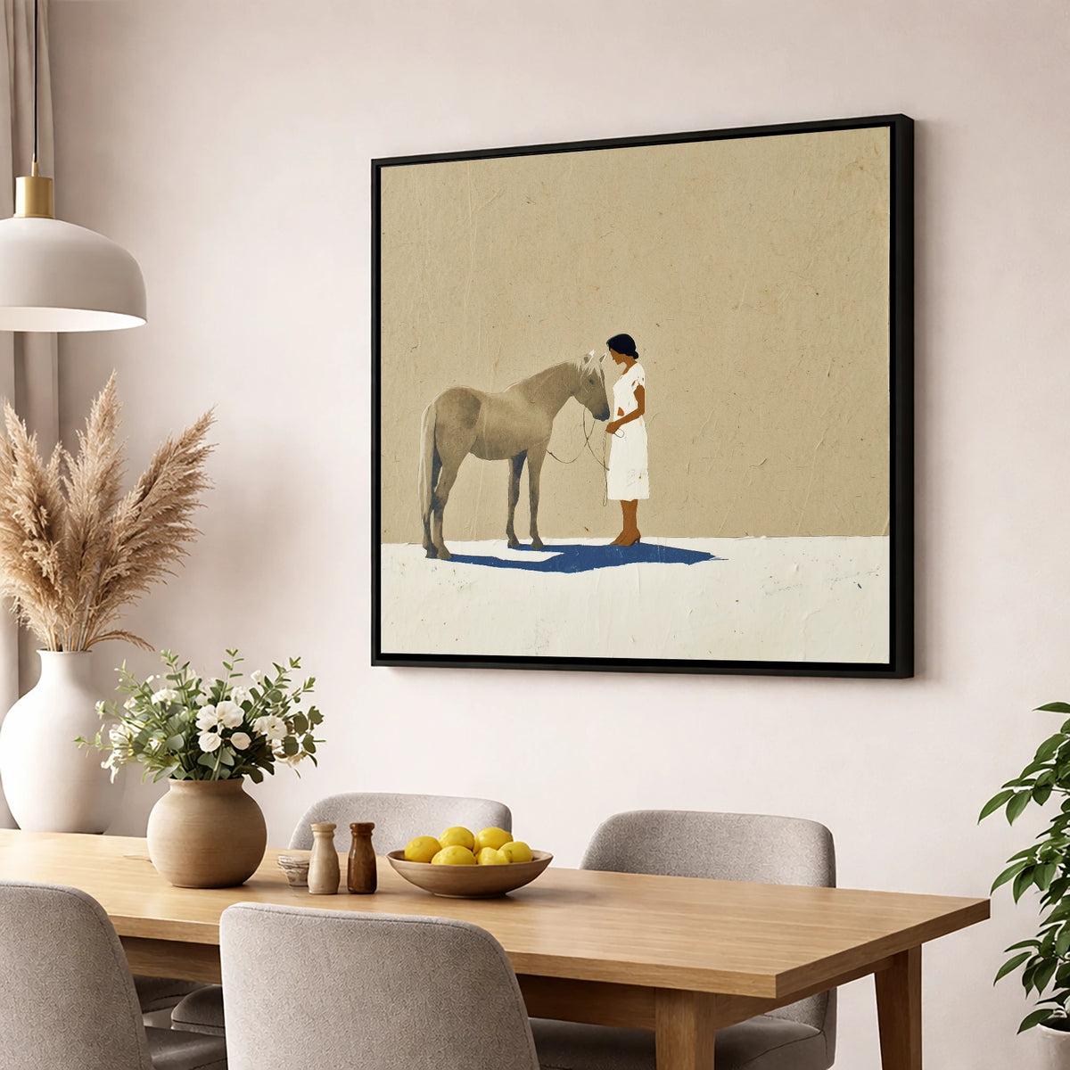 Grey Horse and Navy Shadow horse & rider wall art displayed in a dining room
