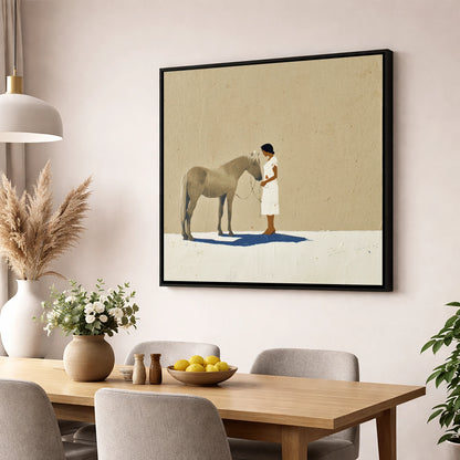 Grey Horse and Navy Shadow horse & rider wall art displayed in a dining room