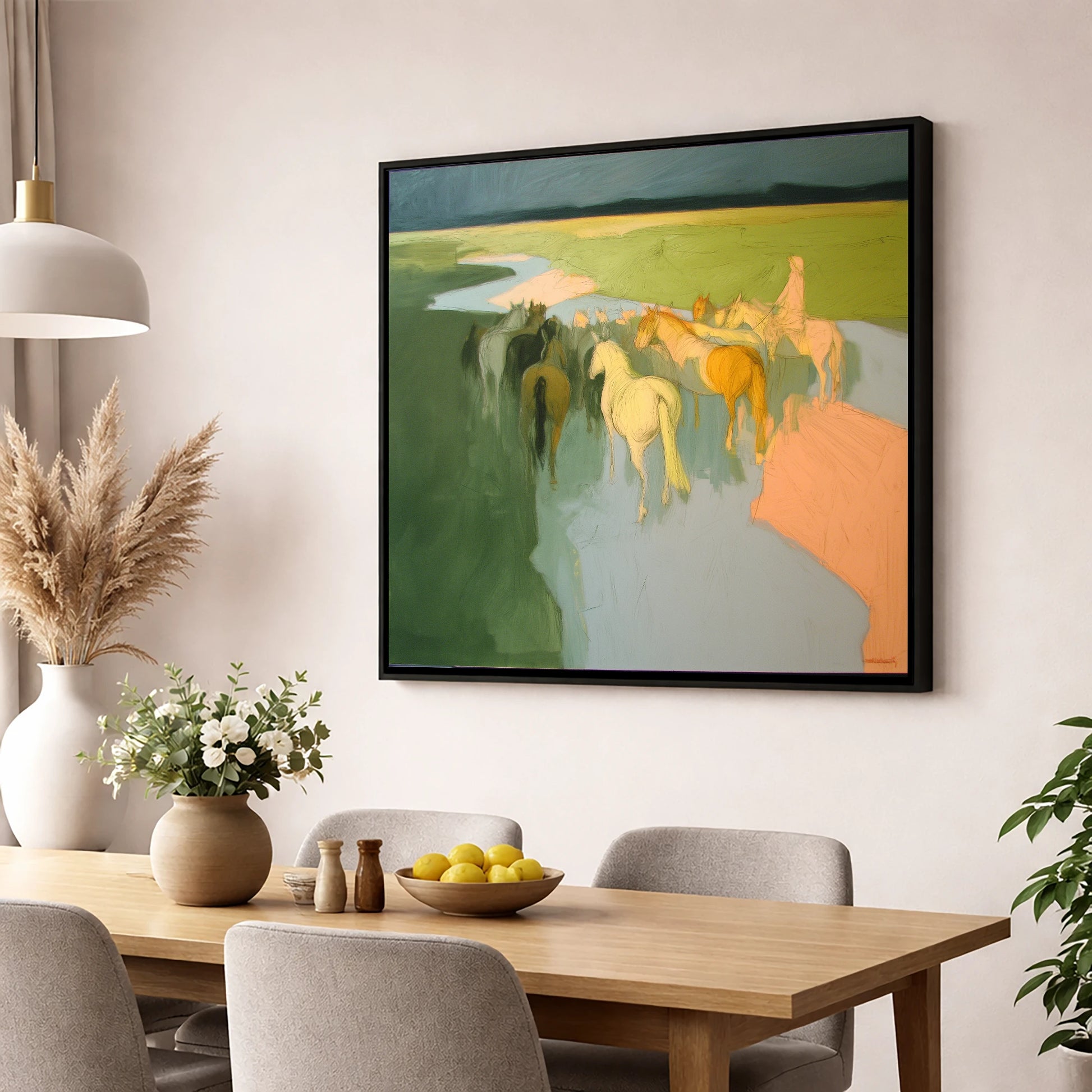 The River Crossing horse landscape wall art displayed in a dining room