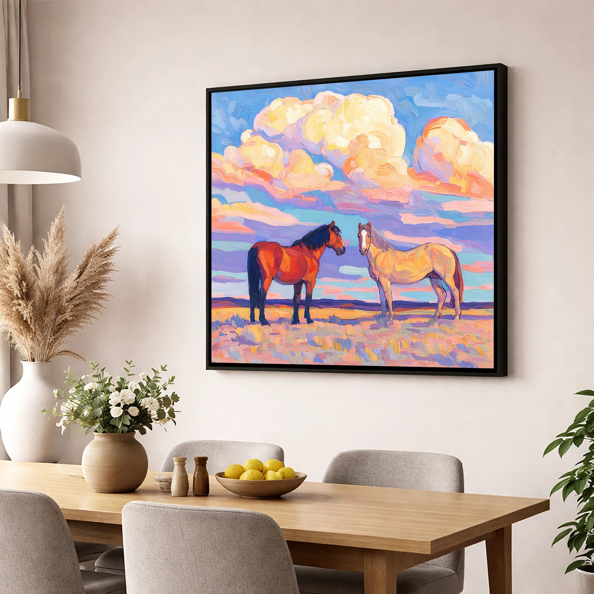 Under Painted Skies horse landscape wall art displayed in a dining room