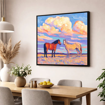 Under Painted Skies horse landscape wall art displayed in a dining room