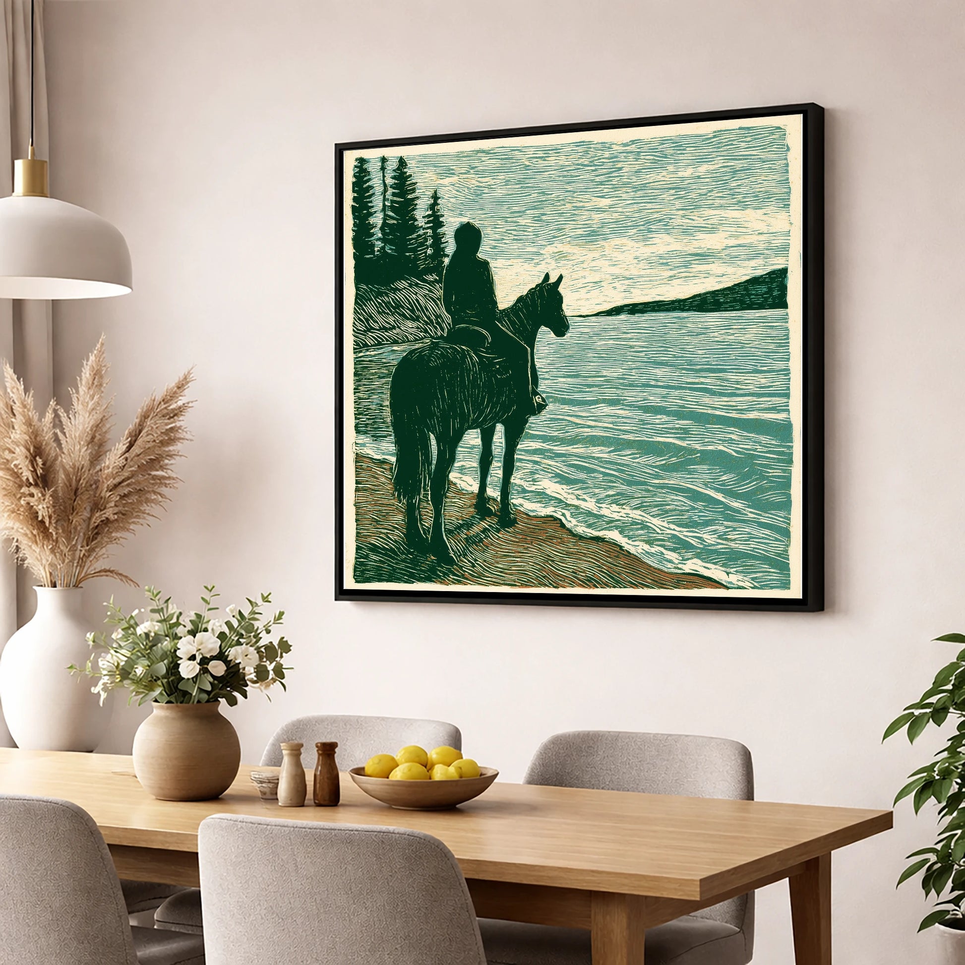 Coastal Solitude beach horse wall art displayed in a dining room