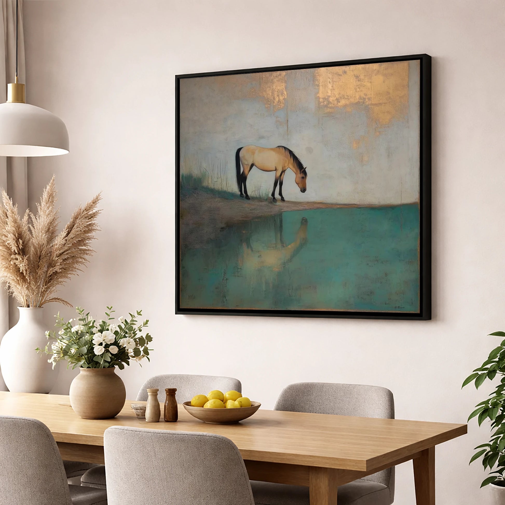 Gilded Equine Reflection horse landscape wall art displayed in a dining room