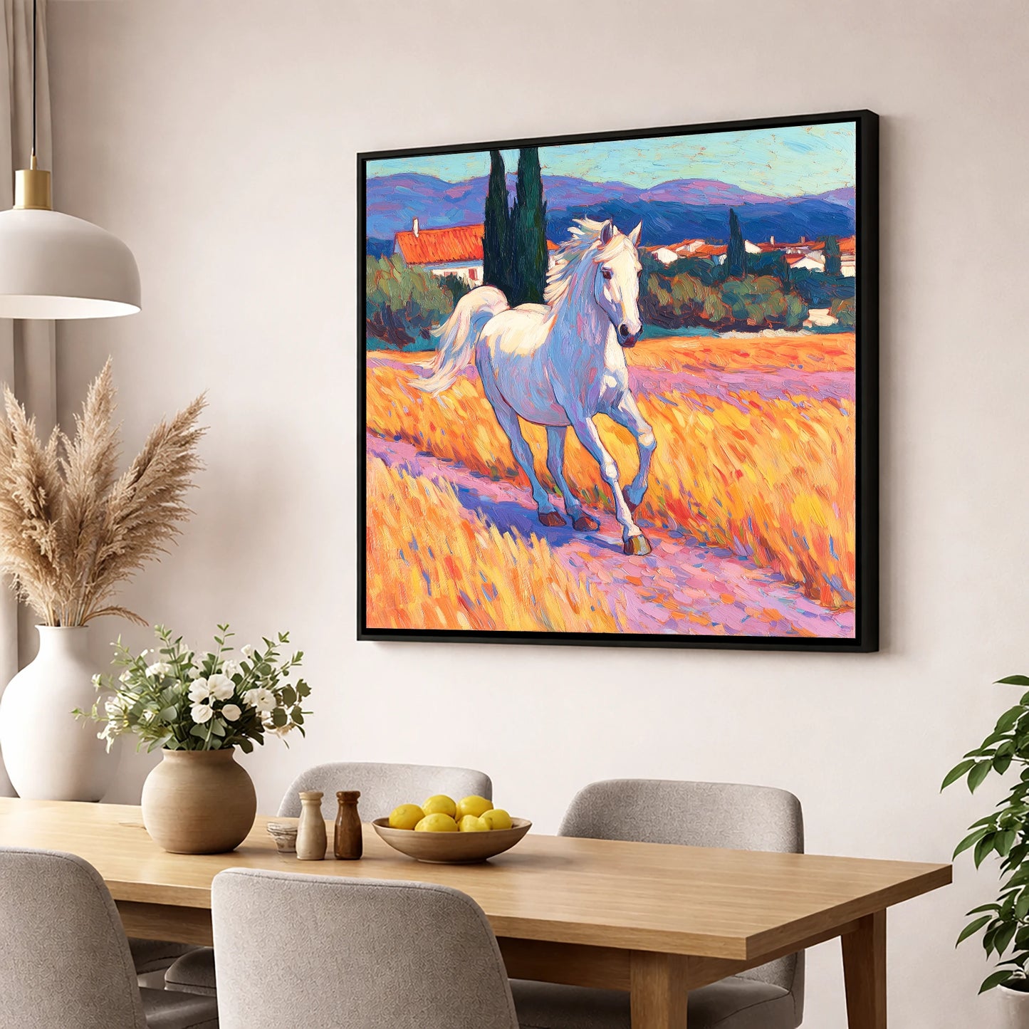 Sunlit Provincial Grey horse breed wall art displayed in a dining room