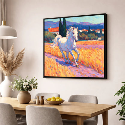 Sunlit Provincial Grey horse breed wall art displayed in a dining room