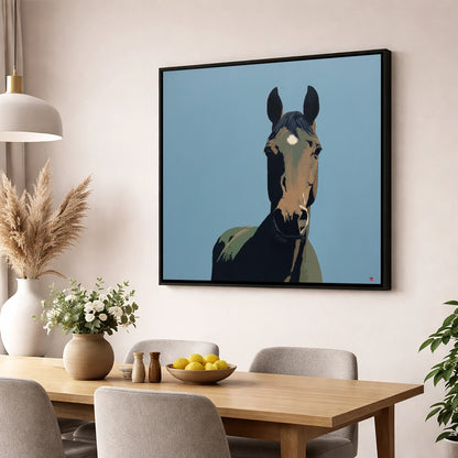 Bay Under Cerulean Sky horse portrait wall art displayed in a dining room