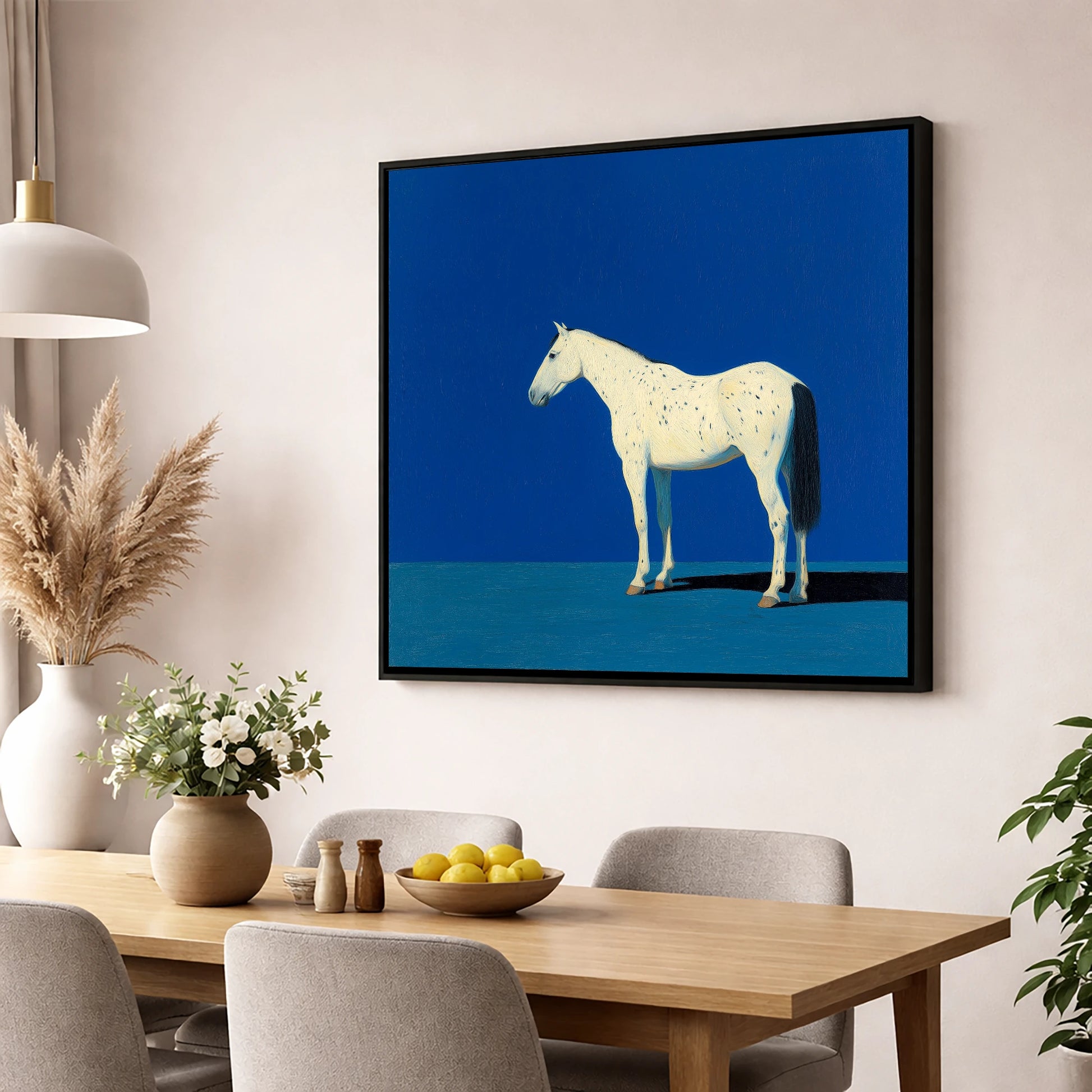 The Minimalist Appaloosa horse breed wall art displayed in a dining room