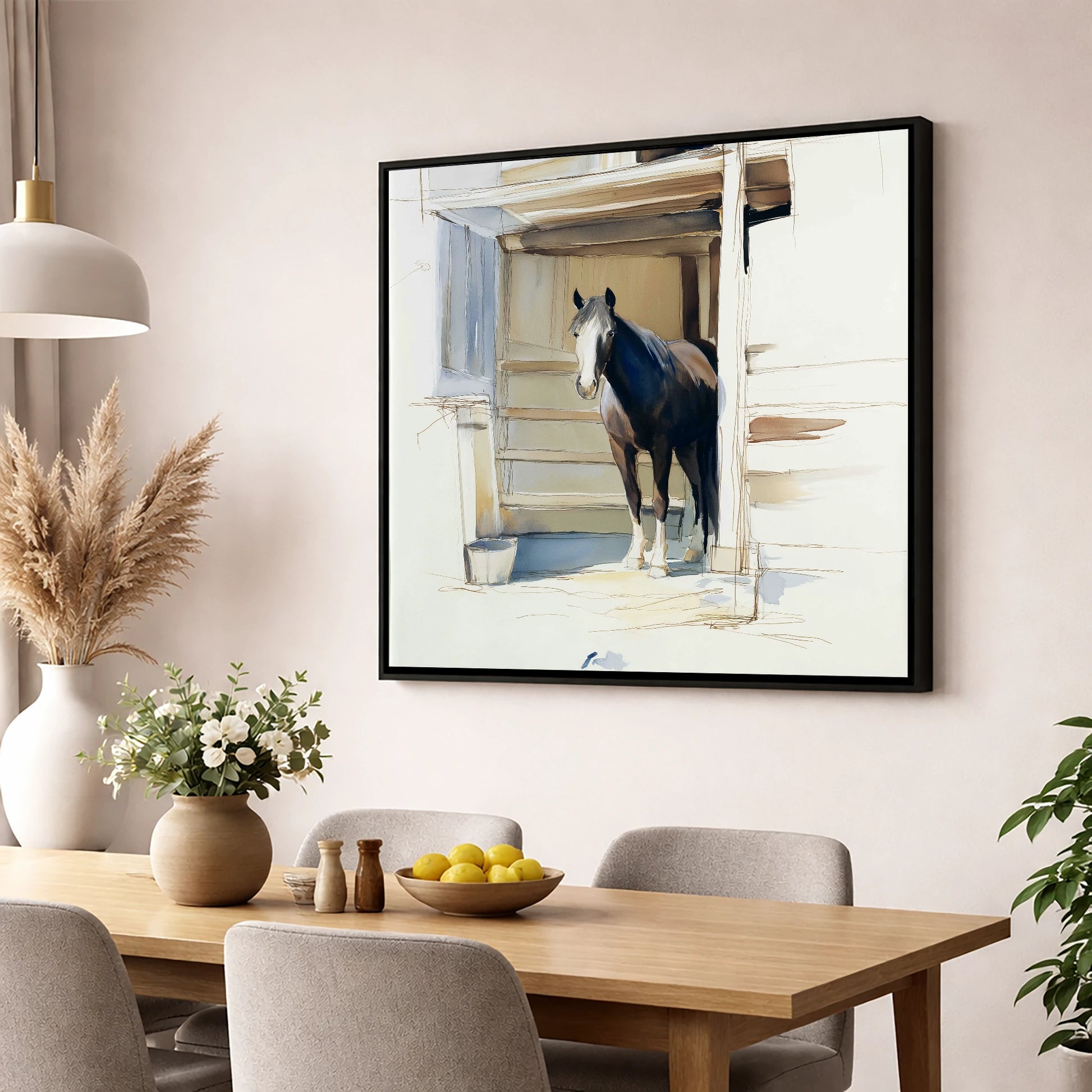At the Stable Door horse stable wall art displayed in a dining room