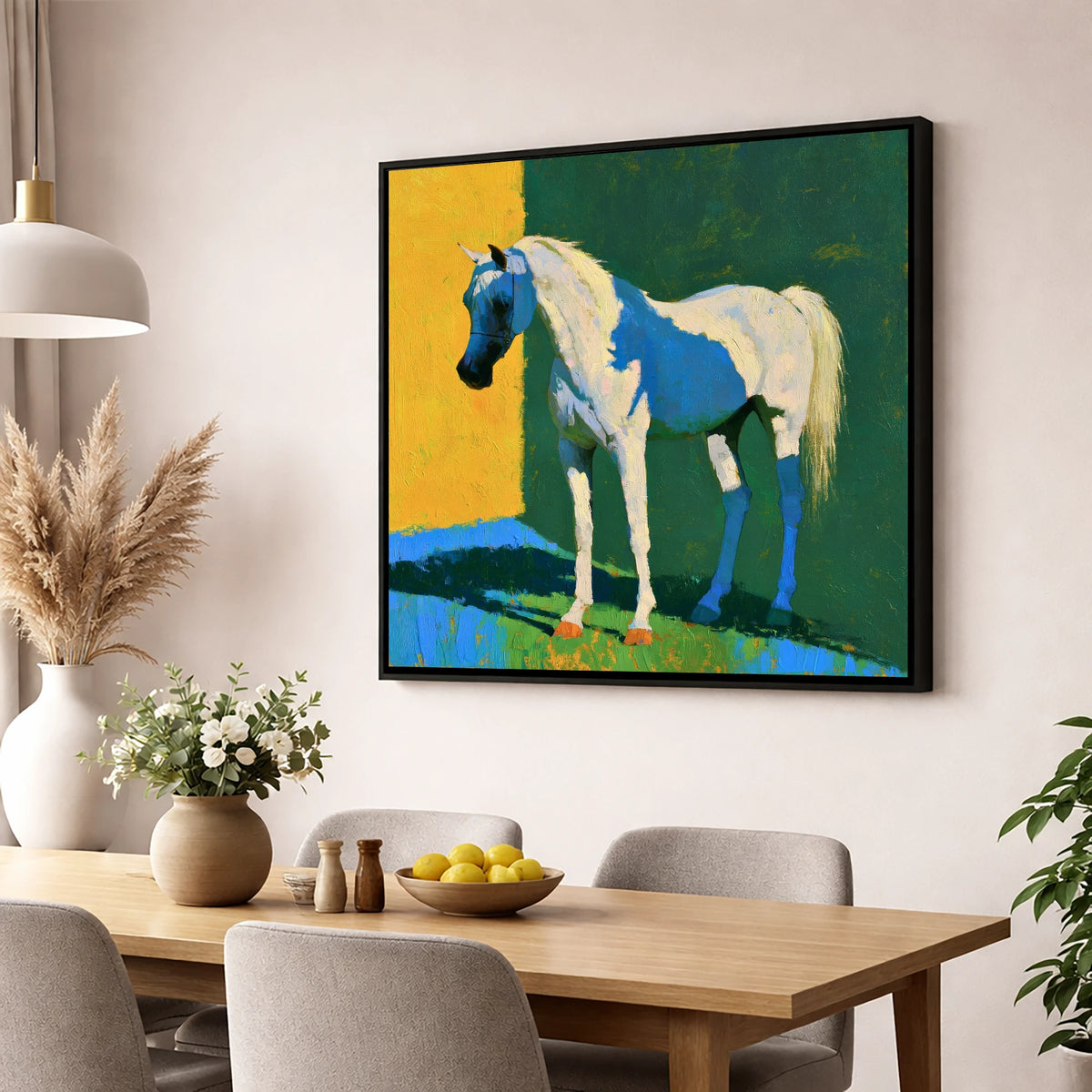 Grey Arabian in Vibrant Light horse breed wall art displayed in a dining room