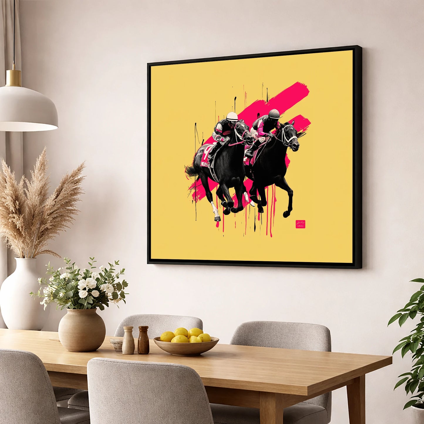 High Stakes Sprint racing horse wall art displayed in a dining room