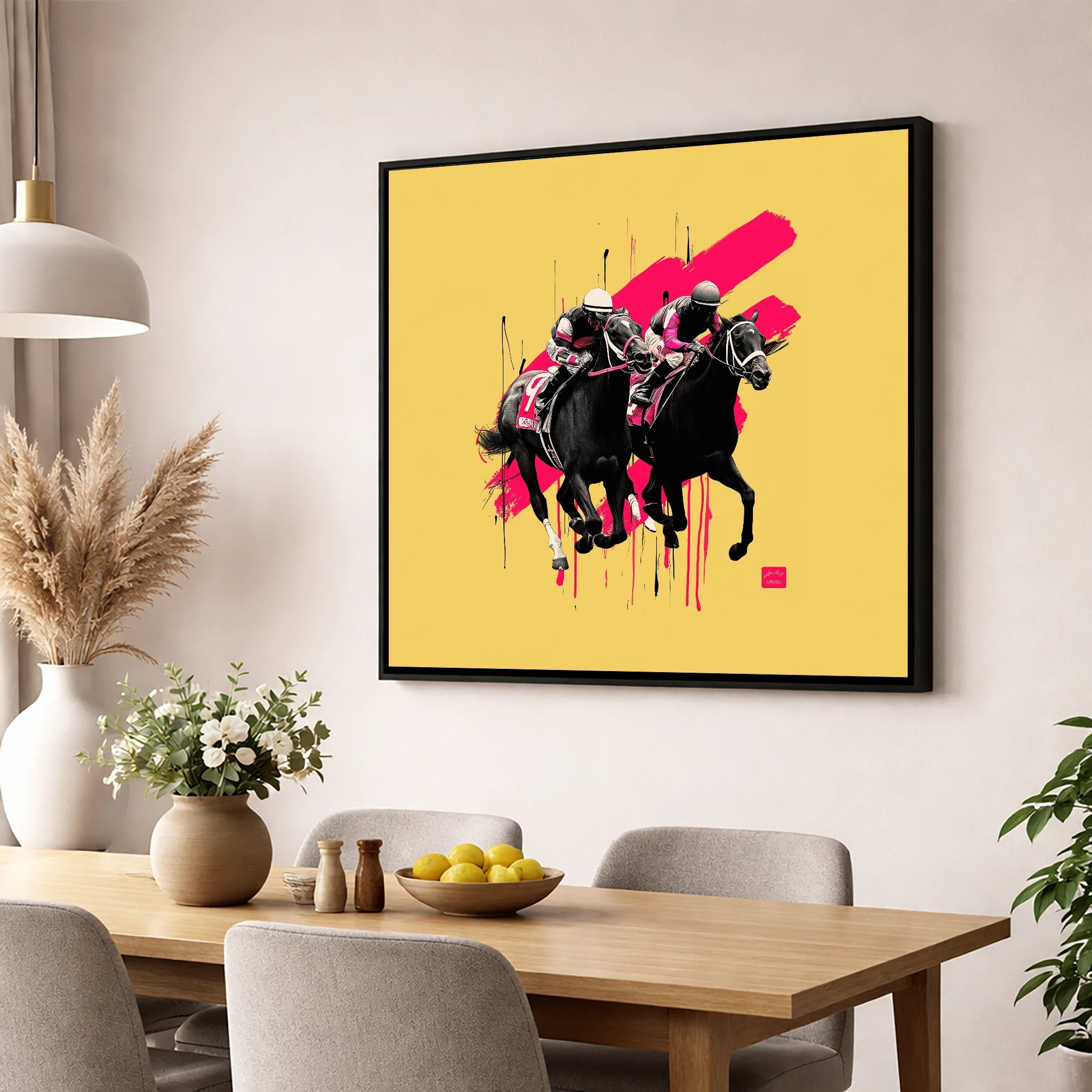 High Stakes Sprint racing horse wall art displayed in a dining room