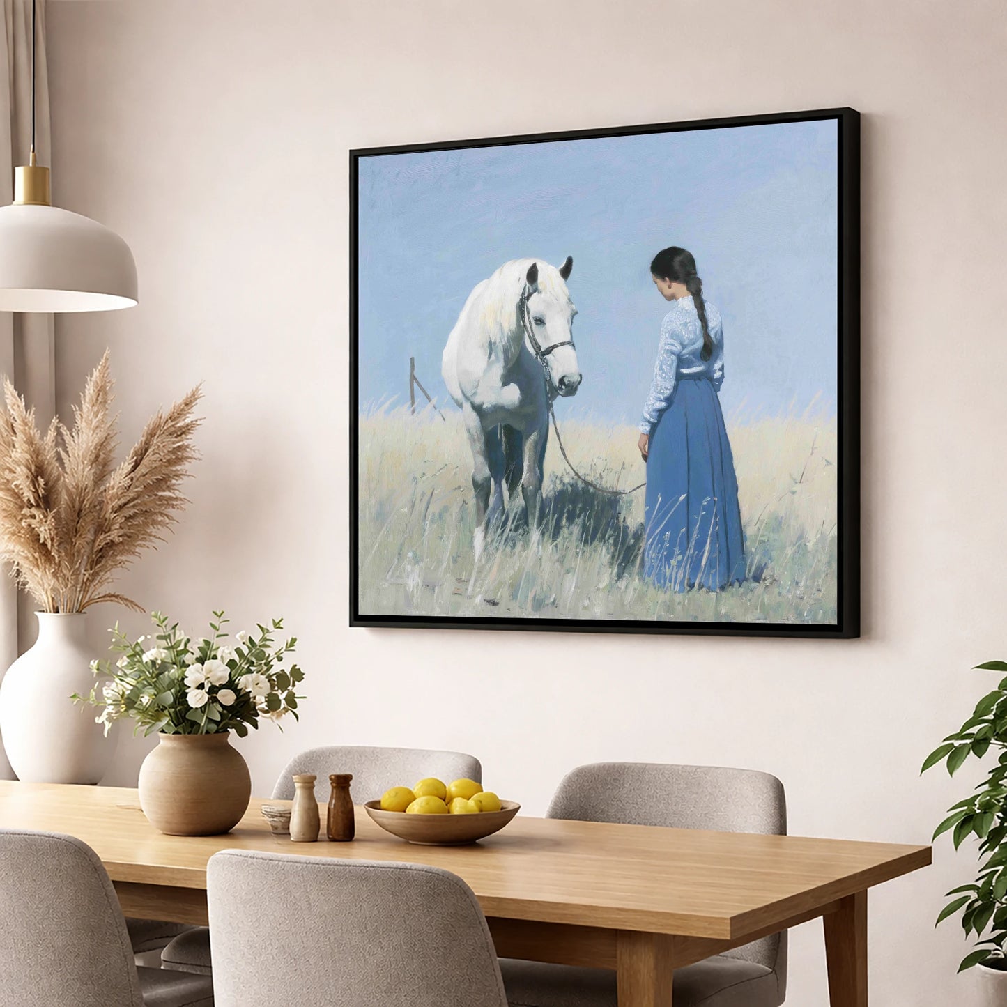 The Silent Conversation horse & rider wall art displayed in a dining room