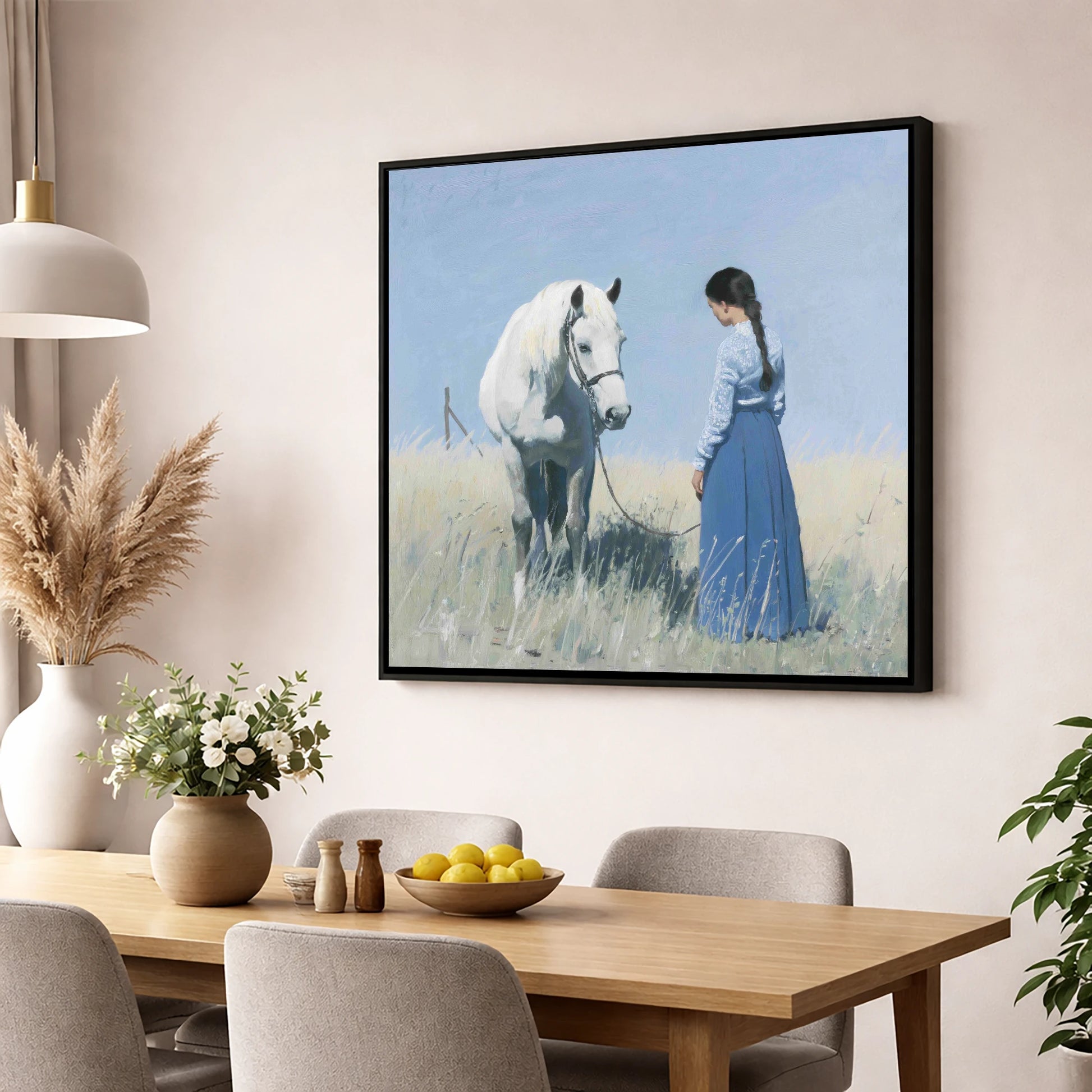 The Silent Conversation horse & rider wall art displayed in a dining room
