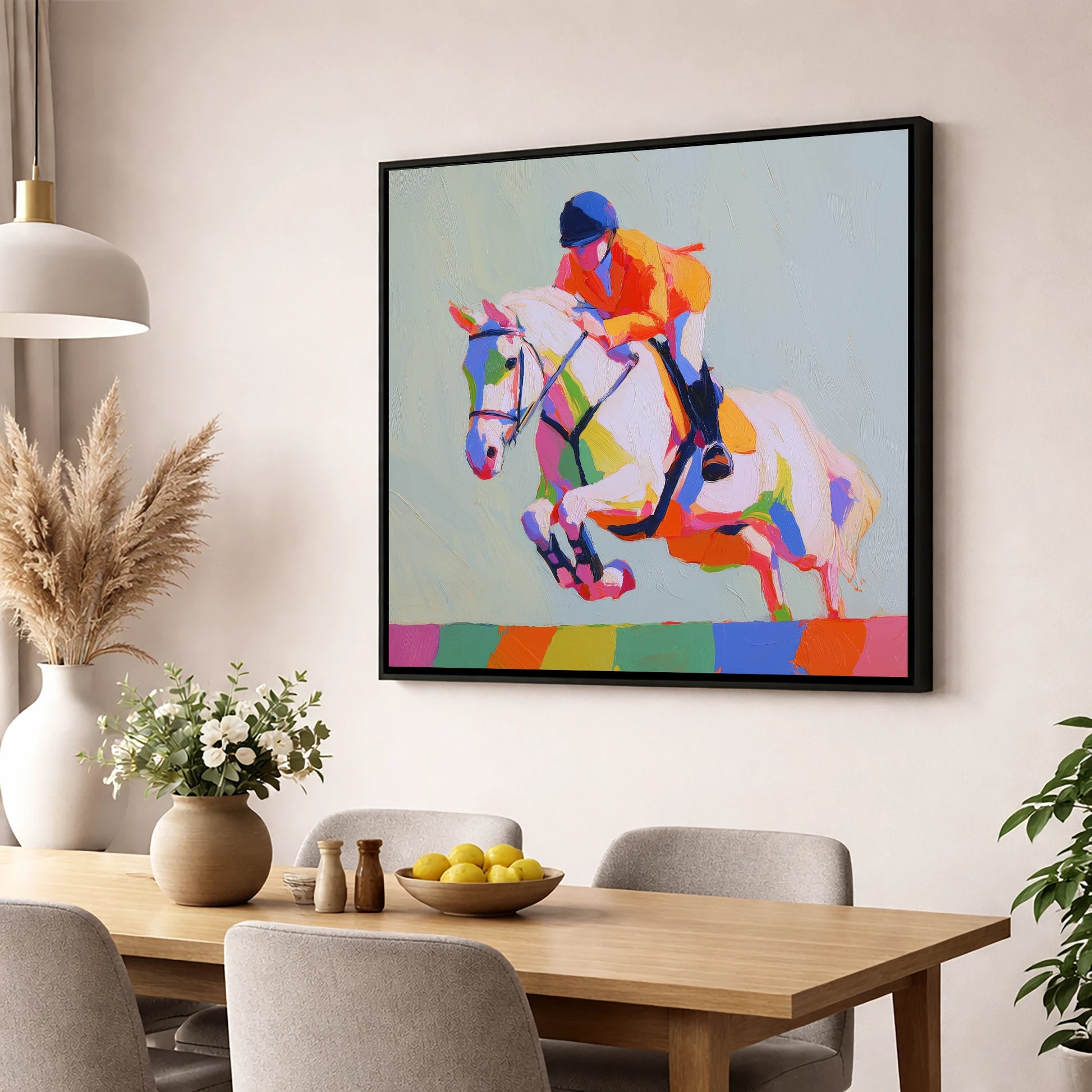 Technicolour Flight show jumping horse wall art displayed in a dining room