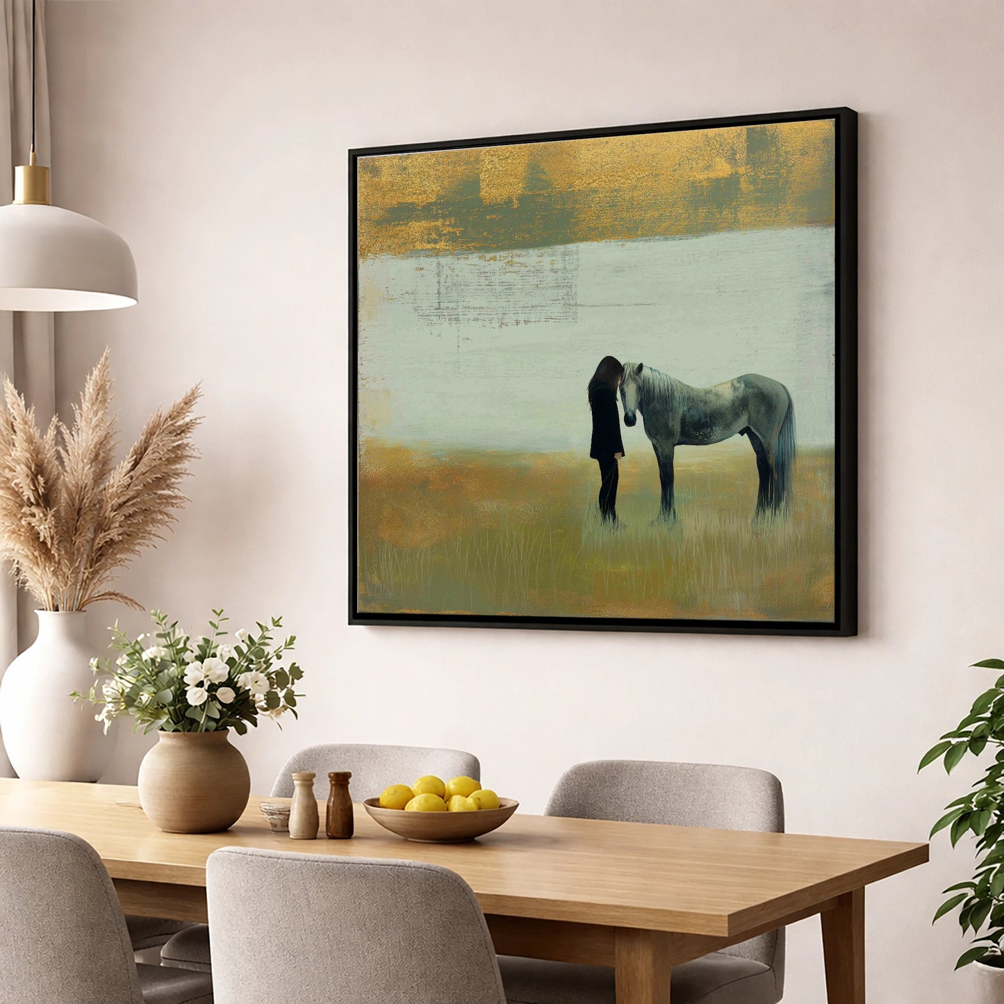 The Quiet Bond horse & rider wall art displayed in a dining room