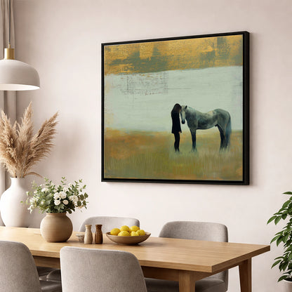 The Quiet Bond horse & rider wall art displayed in a dining room