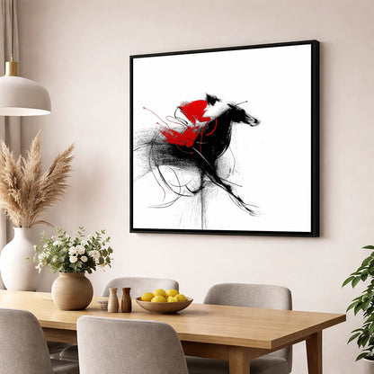 Crimson Sprint racing horse wall art displayed in a dining room