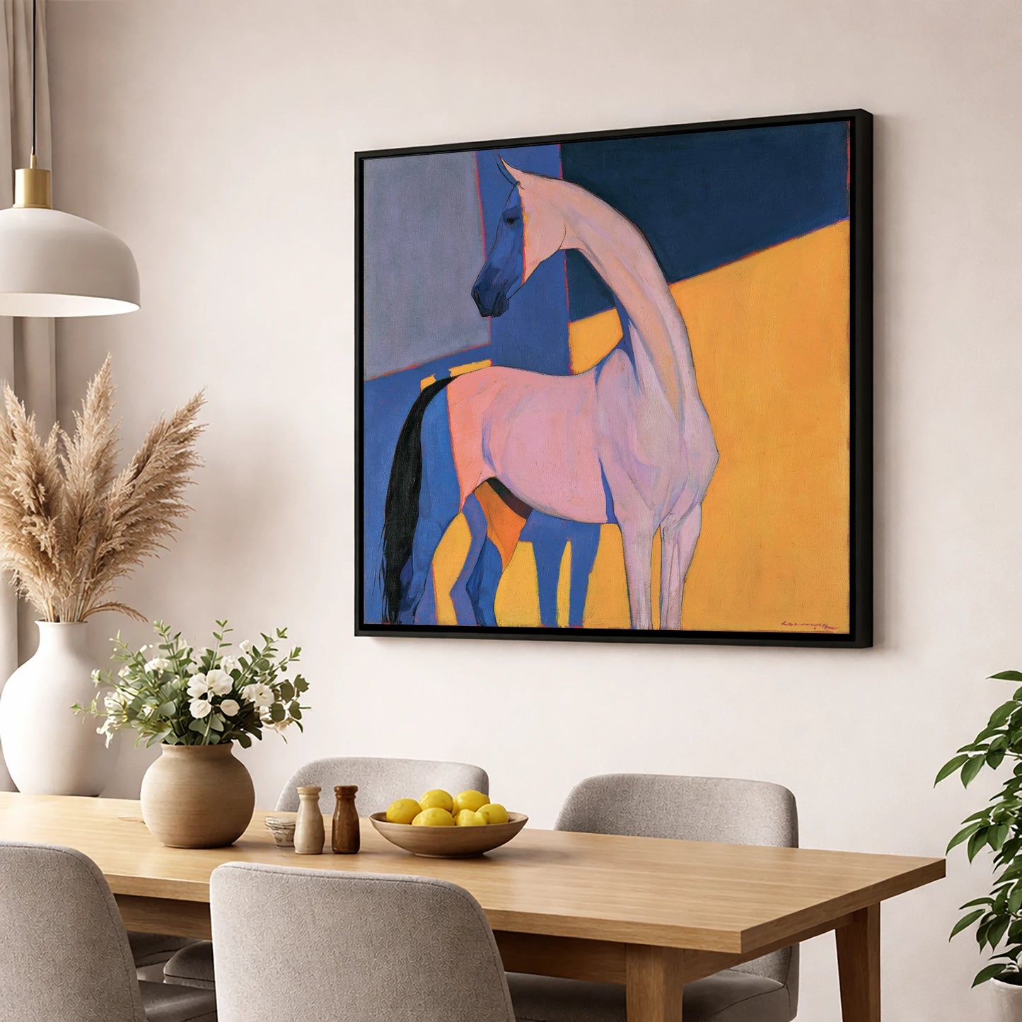 Vibrant Colour Block Horse horse breed wall art displayed in a dining room