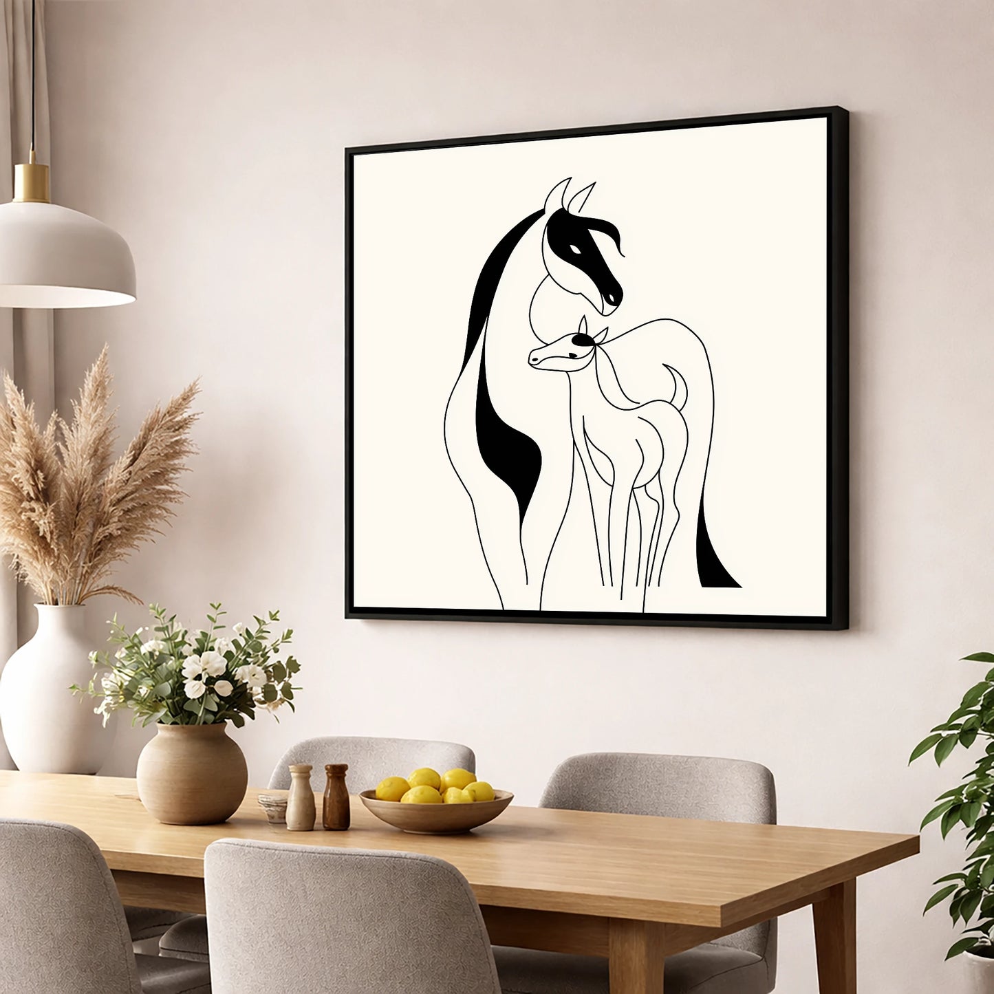 Tender Equine Silhouette mare & foal wall art displayed in a dining room