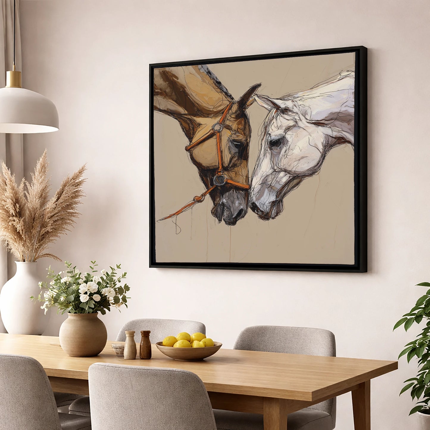 A Quiet Connection horse portrait wall art displayed in a dining room