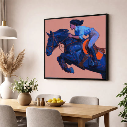 Indigo Flight show jumping horse wall art displayed in a dining room