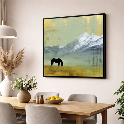 Gilded Mountain Solitude horse landscape wall art displayed in a dining room