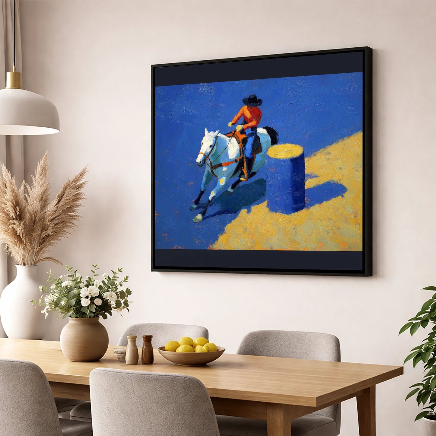 Blue Barrel Turn western horse wall art displayed in a dining room