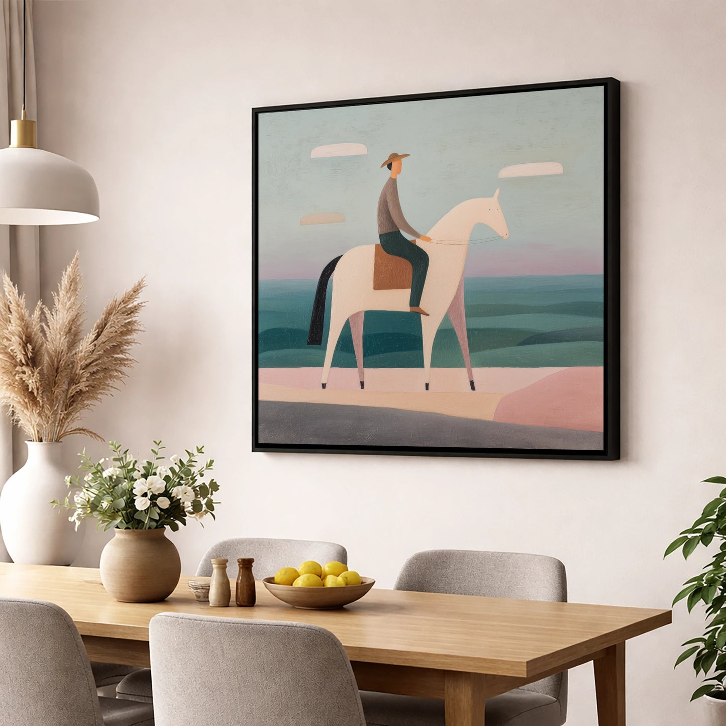 Minimalist Coastal Rider beach horse wall art displayed in a dining room