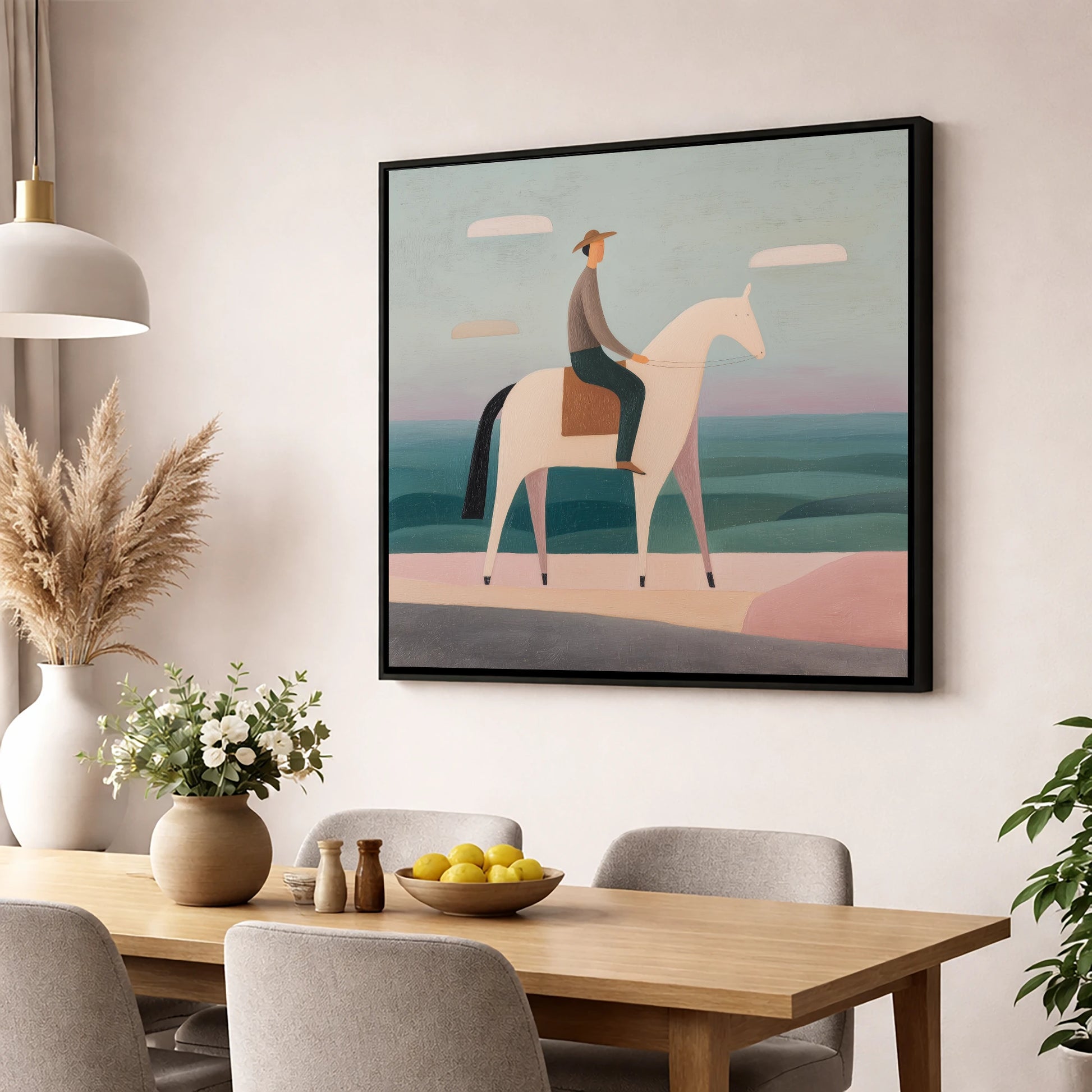 Minimalist Coastal Rider beach horse wall art displayed in a dining room