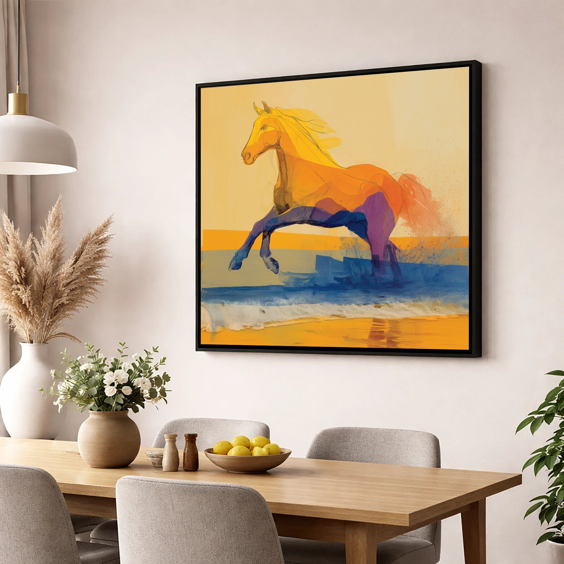 Vivid Coastal Bound beach horse wall art displayed in a dining room