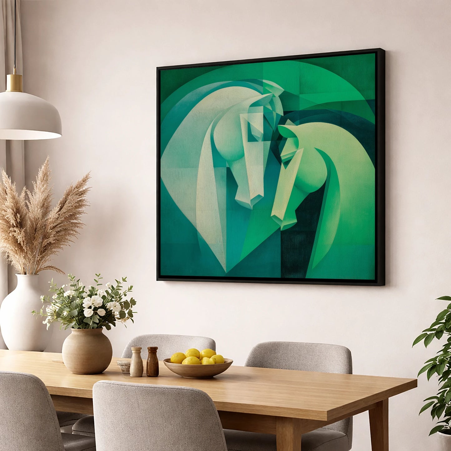 Verdant Harmony horse portrait wall art displayed in a dining room
