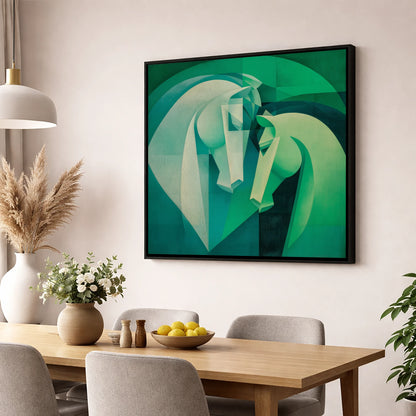 Verdant Harmony horse portrait wall art displayed in a dining room