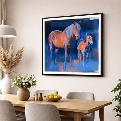 Cobalt and Apricot mare & foal wall art displayed in a dining room