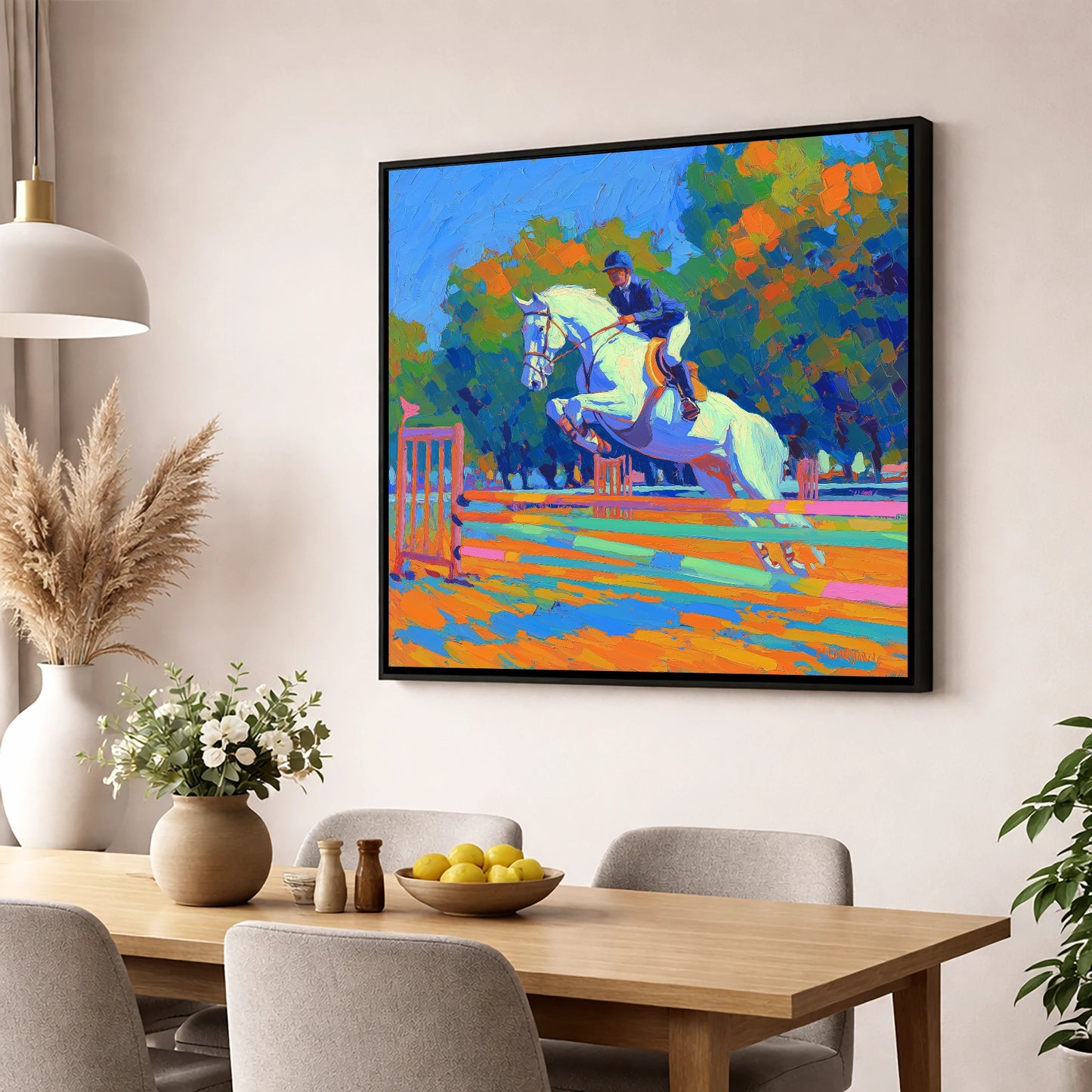 Vibrant Showjumping Leap show jumping horse wall art displayed in a dining room