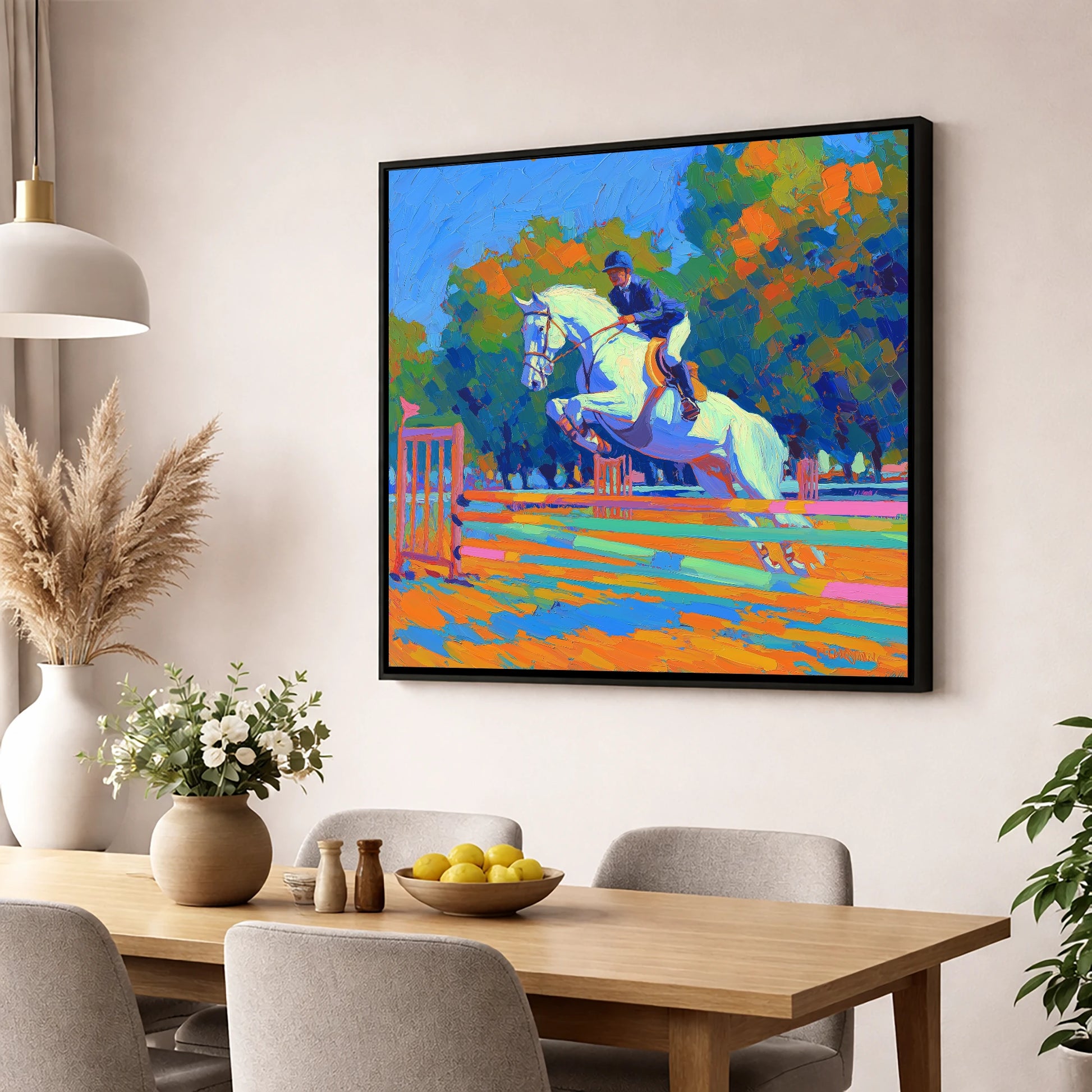 Vibrant Showjumping Leap show jumping horse wall art displayed in a dining room